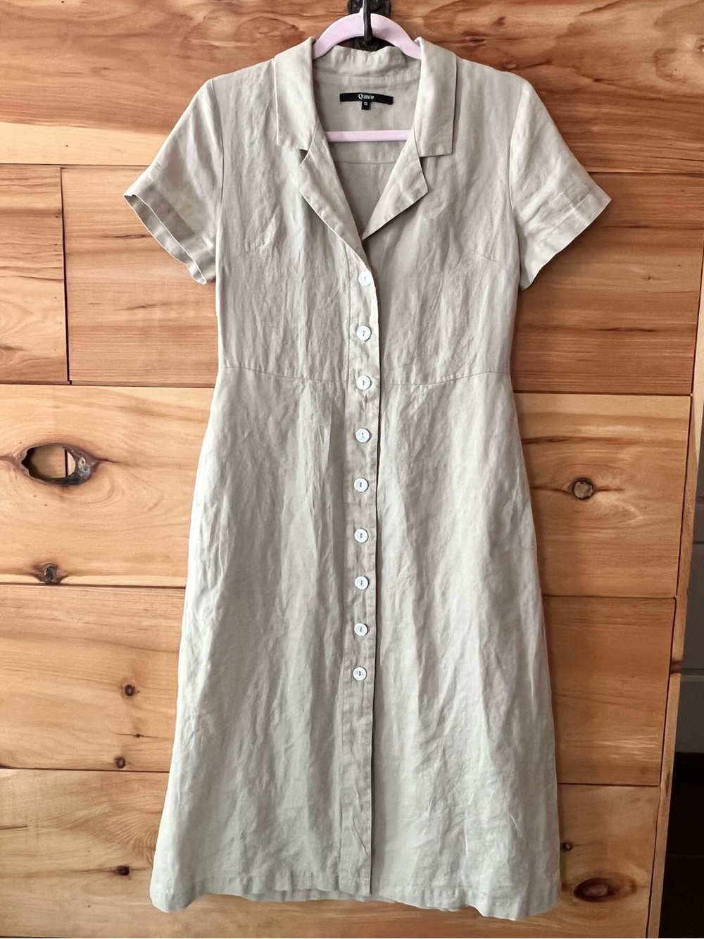 Quince Light Tan Button-Front Linen Shirt-Dress European Minimalist Cabincore